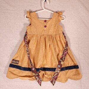 Matilda Jane Girls Dress 6 Mustard Yellow Scallop Hem Floral Ribbon Belt Cottage